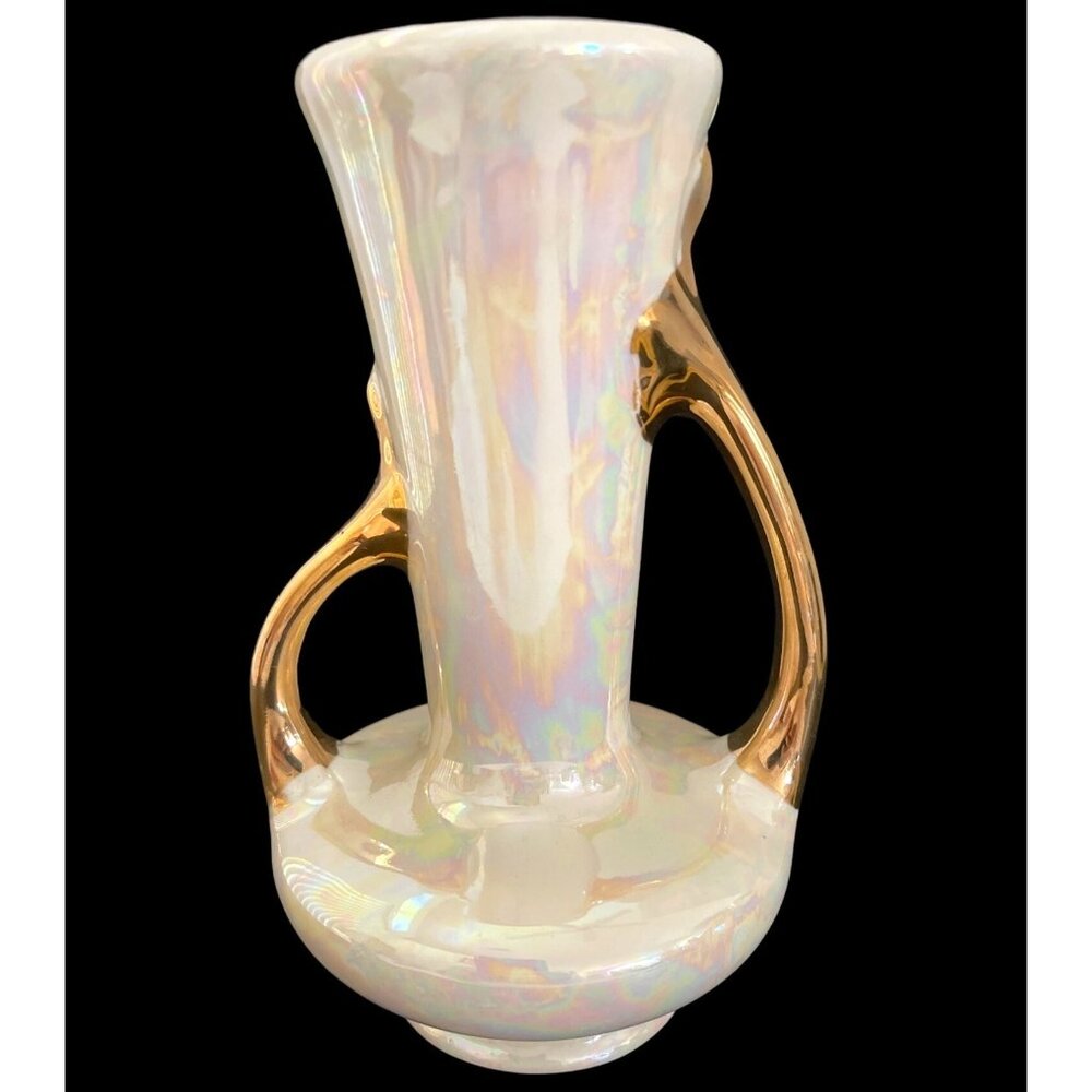 MCM Lusterware Vase Ceramic Pearl Glazed Iridescent Porcelain Gold Handles VTG - Picture 3 of 11